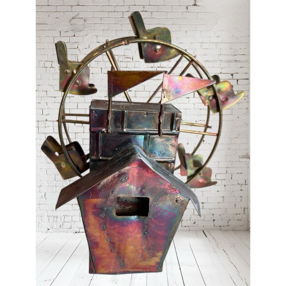 Vintage 70s Copper Musical Ferris Wheel Sculpture With Music 7” X 6”